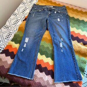 Y2K Mudd Faded & Distressed Petite Lowrise Bootcut Flare Denim Jeans with Gems
